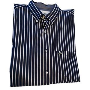 LACOSTE FRANCE MENS Button Down SHIRT BLUE WHITE STRIPE CROC 100% COTTON 45 XL